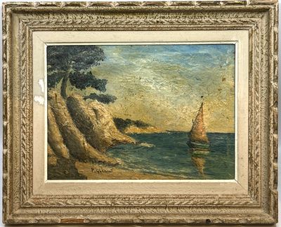 une peinture à l'huile représentant un voilier sur l'eau, près d'une falaise