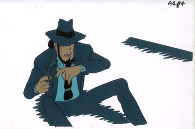 cellule d'animation représentant un homme en costume et chapeau tenant un pistolet