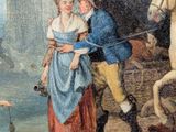 a painting of a man and a woman on a horse