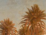 painting of a group of palm trees on a beach with a boat in the water