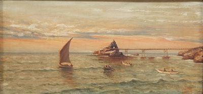 a picture of a painting of boats in the water