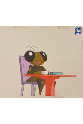 cartoon of a bug sitting at a table with a plate of food