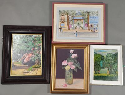 four paintings on the wall above a vase of flowers