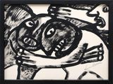 black and white drawing of a man holding a dog in his arms