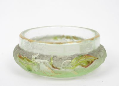 un bol en verre orné d'un motif de feuilles à l'intérieur