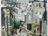 an image of a painting of a street scene with people walking down the street