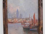 an oil painting of boats in a harbor with a city in the background