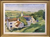 an image of a painting of a village with a church in the background