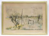 l'image d'une peinture représentant une rivière avec des arbres au premier plan