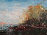 an oil painting of a river scene with a boat in the water