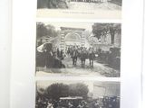 two black and white photos of a group of people standing in front of a horse drawn carriage