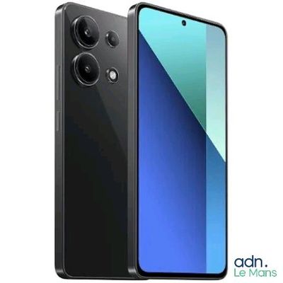 the back and side view of a black smartphone with a blue screen