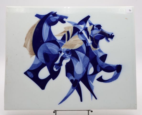 D’après un carton Roch Popelier : grande plaque porcelaine 35.5 x...
