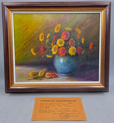 une peinture à l'huile représentant des fleurs dans un vase bleu posé sur une table