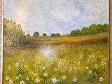une peinture à l'huile représentant un champ avec des pissenlits et des arbres en arrière-plan
