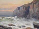 a painting of a person on a surfboard on a rocky beach
