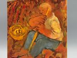 an oil painting of a man playing a trumpet in a field
