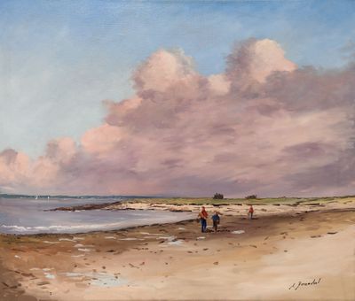 un tableau représentant des personnes se promenant sur la plage au bord de l'eau