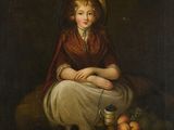 un tableau représentant une jeune fille avec un panier de fruits et un chien