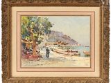 an image of a painting of a beach scene with boats and people
