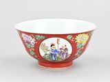 an image of a red bowl with a picture of a man and a woman on it