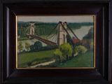 painting of a suspension bridge over a river in a black frame