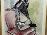 tableau représentant une femme assise sur une chaise, coiffée d'un chapeau