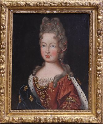 portrait of a lady in a red dress with a gold frame