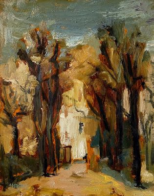 une peinture à l'huile représentant un sentier traversant un parc bordé d'arbres