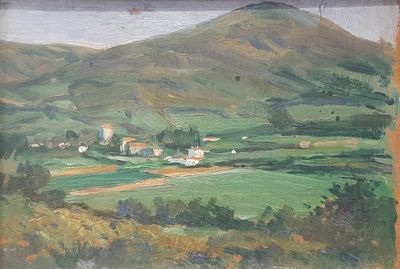 a painting of a view of a valley with hills in the background