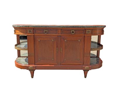a wooden cabinet with a marble top and two shelves