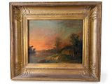 une peinture à l'huile représentant un coucher de soleil sur une rivière, avec un bateau sur l'eau