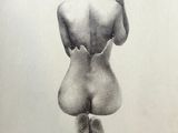 a black and white drawing of a naked woman standing on top of a table