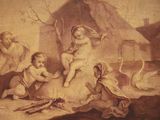 un vieux tableau représentant une femme assise sur un rocher à côté de deux enfants