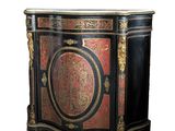 an image of a black and red cabinet with gold trimming