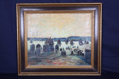 an oil painting of boats on a body of water with a sky background