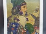 tableau représentant une femme coiffée d'un chapeau vert et tenant une balle verte