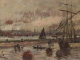 tableau représentant une scène de port avec des bateaux sur l'eau et une ville au loin