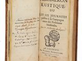 an open book with a drawing of a man holding a cup