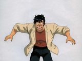 cartoon of a man in a jacket and jeans standing with his arms spread out