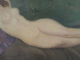 painting of a nude woman laying on a couch with her legs crossed