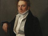a painting of a man in a black jacket and white shirt