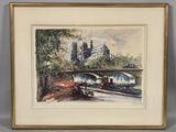 framed watercolor painting of a train station with a church in the background