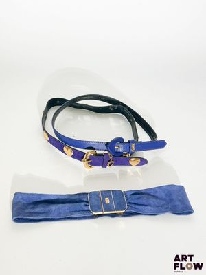 une paire de ceintures bleues et noires ornées de ferrures dorées