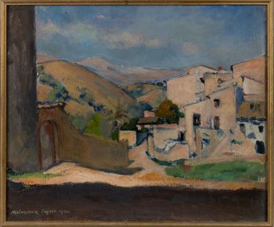 an image of a painting of a village with a mountain in the background