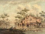painting of a water mill with people and horses in the water