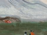 painting of three people and a dog in a field with a mountain in the background