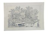 a picture of a drawing of a bridge in the woods