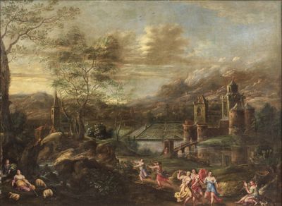 painting of a landscape with figures and animals in front of a castle