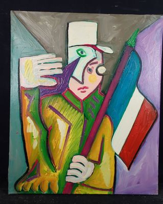 tableau représentant un clown tenant un drapeau français et un mât